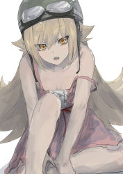Rule 34 | 1girl, absurdres, bakemonogatari, bare arms, bare shoulders, barefoot, blonde hair, breasts, cleavage, collarbone, dress, fang, goggles, goggles on headwear, hair between eyes, helmet, highres, long hair, looking at viewer, misaki nonaka, monogatari (series), open mouth, orange eyes, oshino shinobu, pink dress, pointy ears, simple background, sitting, small breasts, solo, strap slip, teeth, tongue, tsurime, very long hair, white background