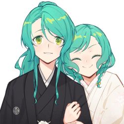 Rule 34 | 2girls, ^ ^, aqua hair, arm hug, bang dream!, black kimono, bow, braid, closed eyes, commentary request, closed eyes, green eyes, hair bow, hikawa hina, hikawa sayo, incest, japanese clothes, kimono, looking at viewer, multiple girls, parted lips, ponytail, shiromuku, siblings, sidelocks, simple background, sisters, smile, twin braids, twincest, twins, uchikake, upper body, wedding, white background, white kimono, wife and wife, yellow bow, yuri, yuyuyugoonn