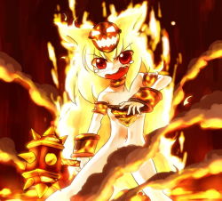 Rule 34 | 1girl, blonde hair, female focus, fiery hair, fire, flaming hair, hammer, lava, ragnaros, rayno, red eyes, smoke, solo, volcano, warcraft, world of warcraft