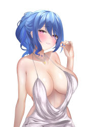Rule 34 | 1girl, absurdres, azur lane, bare shoulders, blue hair, blue nails, blush, breasts, dress, evening gown, hand up, highres, jewelry, large breasts, looking at viewer, nail polish, necklace, parted lips, plunging neckline, ponytail, purple eyes, raurashun, silver dress, simple background, solo, spaghetti strap, st. louis (azur lane), st. louis (luxurious wheels) (azur lane), strap gap, upper body, wavy hair, white background