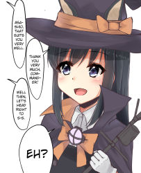 Rule 34 | 1girl, :d, animal ears, asashio (kancolle), black eyes, black hair, cat ears, commentary, dress, fake animal ears, gloves, halloween, halloween costume, hard-translated, hat, highres, kantai collection, long hair, open mouth, pinafore dress, ribbon, rokosu (isibasi403), shirt, sleeveless, sleeveless dress, smile, solo, third-party edit, translated, white gloves, white shirt, witch hat