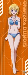 Rule 34 | 10s, 1girl, barefoot, bikini, blonde hair, blue bikini, breasts, character name, charlotte dunois, cleavage, copyright name, feet, full body, hair between eyes, highres, infinite stratos, jewelry, long hair, necklace, official art, open mouth, orange background, purple eyes, standing, swimsuit