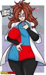 Rule 34 | 1girl, absurdres, android 21, blush, grabbing another&#039;s breast, breasts, brown hair, dragon ball, earrings, female focus, glasses, grabbing, heart, highres, huge breasts, jewelry, lab coat, large breasts, looking at viewer, medium hair, ring, silenttandem, solo, thick thighs, thighs