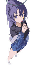 Rule 34 | 1girl, black buruma, black shirt, blue archive, blue jacket, breasts, buruma, candy, food, from above, full body, halo, hand in pocket, highres, jacket, lollipop, long hair, long sleeves, looking at viewer, off shoulder, ponytail, purple eyes, purple hair, shirt, simple background, small breasts, socks, solo, standing, sticker on face, track jacket, white background, white socks, yu yin, yuuka (blue archive), yuuka (track) (blue archive)