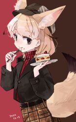 Rule 34 | alternate costume, animal ears, black jacket, blonde hair, brown skirt, cabbie hat, cake, cake slice, casual, commentary request, cowboy shot, eating, extra ears, fennec (kemono friends), food, fork, fox ears, fox girl, fox tail, fruit, hat, highres, jacket, kemono friends, multicolored hair, nanana (nanana iz), open clothes, open jacket, plaid, plaid skirt, plate, red sweater, short hair, skirt, strawberry, striped clothes, striped sweater, sweater, tail, turtleneck, turtleneck sweater, two-tone hair, white hair