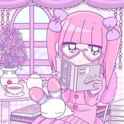Rule 34 | 1girl, bow, ezaki bisuko, hair bow, heart, heart-shaped eyewear, menhera-chan (ezaki bisuko), menhera-chan (ezaki bisuko) (character), pink shirt, pink skirt, rabbit, reading, shirt, skirt, teapot, twintails, yume kawaii
