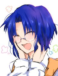 Rule 34 | 1girl, blue hair, ciel (tsukihime), dress shirt, closed eyes, glasses, hands on own cheeks, hands on own face, highres, shirt, short hair, sketch, smile, solo, tsukihime, upper body, vest, white background, white shirt, yatukachan, yellow vest