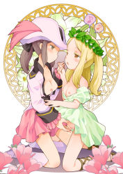 Rule 34 | 2girls, :o, aire, aire (final fantasy), b.tarou, blonde hair, blush, boots, breasts, brown eyes, brown hair, couple, dress, eye contact, final fantasy, fingering, flat chest, holding hands, hat, head wreath, hikari no 4 senshi, interlocked fingers, knee boots, kneeling, looking at another, multiple girls, nipples, off shoulder, open clothes, open mouth, ponytail, pussy, pussy juice, skirt, unita, yellow eyes, yunita, yuri