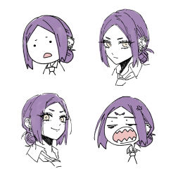Rule 34 | 1girl, anger vein, closed mouth, collared shirt, commentary request, cropped torso, dress shirt, ear piercing, earrings, highres, jewelry, looking at viewer, multiple views, necktie, open mouth, original, piercing, portrait, purple hair, sakashima 0822, sharp teeth, shirt, short hair, sidelocks, simple background, teeth, white background