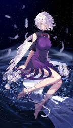 Rule 34 | 1girl, bare legs, bare shoulders, barefoot, bird wings, breasts, closed mouth, dress, feathered wings, feathers, flower, grey hair, hair over one eye, highres, kishin sagume, large breasts, leg ribbon, niceguangguang, night, night sky, partially submerged, purple dress, red eyes, ribbon, rose, shin strap, single wing, sitting, sky, solo, touhou, water, white flower, white ribbon, white rose, white wings, wings
