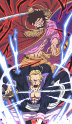 Rule 34 | 2boys, black hair, blonde hair, coat, coat on shoulders, facial hair, fighting stance, gol d. roger, grin, highres, holding, holding sword, holding weapon, looking at viewer, male focus, multiple boys, musasabiop, muscular, muscular male, mustache, one piece, open clothes, silvers rayleigh, sleeves rolled up, smile, sword, weapon
