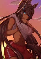Rule 34 | 1girl, abs, absurdres, animal ears, black hair, blue eyes, breasts, clothes lift, cloud, cloudy sky, commentary request, cowboy shot, dark-skinned female, dark skin, earrings, eve on k, highres, horse ears, horse girl, horse tail, jewelry, large breasts, lifting own clothes, long hair, looking at viewer, navel, outdoors, partial commentary, ponytail, red shorts, shirt, shirt lift, shorts, single earring, sky, sleeves rolled up, solo, sunset, sweat, symboli kris s (umamusume), tail, umamusume, very long hair, white shirt