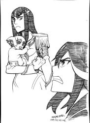 Rule 34 | 10s, age regression, aged down, angry, artist request, baby, black hair, carrying, child carry, clenched hand, eyebrows, frown, greyscale, junketsu, kill la kill, kiryuuin ragyou, kiryuuin satsuki, long hair, matoi ryuuko, monochrome, senketsu, short hair, siblings, sisters, thick eyebrows, upper body, what