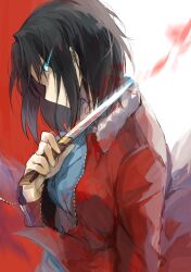 Rule 34 | 1girl, black hair, blue dress, blue eyes, breasts, commentary request, dress, ezu (e104mjd), fur-trimmed jacket, fur trim, hand up, highres, holding, holding knife, jacket, kara no kyoukai, knife, long sleeves, looking at viewer, medium breasts, open clothes, open jacket, red background, red jacket, ryougi shiki, short hair, solo, standing, white background