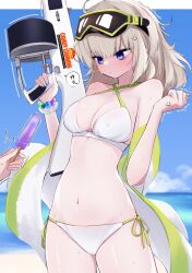 Rule 34 | 1girl, 1other, aa-12 (girls&#039; frontline), aa-12 (the sun never rises) (girls&#039; frontline), anger vein, angry, beach, bikini, black eyeshadow, blonde hair, blue eyes, blue nails, bracelet, breasts, cleavage, clenched hands, covered erect nipples, day, diving mask, diving mask on head, drum magazine, embarrassed, expressionless, eyeshadow, facing viewer, frown, girls&#039; frontline, glaring, goggles, goggles on head, groin, gun, hands up, high-capacity magazine, highres, holding, holding gun, holding weapon, jewelry, long hair, looking down, magazine (weapon), makeup, medium breasts, messy hair, multicolored hair, nail polish, navel, ocean, ohichi16, outdoors, pearl bracelet, red hair, shotgun, side-tie bikini bottom, solo focus, stained clothes, stomach, streaked hair, swimsuit, thighs, towel on arm, trembling, two-tone hair, weapon, wet bikini, white bikini