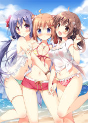 Rule 34 | &gt;:&lt;, &gt;:(, 3girls, :&lt;, :d, ahoge, aqua bikini, arm at side, bare arms, bare legs, bare shoulders, beach, between breasts, bikini, bikini shorts, bikini under clothes, blouse, blue hair, blush, bracelet, braid, breast press, breasts, brown eyes, brown hair, cleavage, closed mouth, clothes writing, cloud, cloudy sky, collarbone, crown braid, day, drawstring, eyebrows, flower, food-themed hair ornament, frilled bikini, frills, front-tie bikini top, front-tie top, frown, girl sandwich, gluteal fold, hair flower, hair ornament, hair scrunchie, half updo, halterneck, hand on another&#039;s arm, hibiscus, holding hands, holding own arm, hug, jacket, jewelry, leg up, legs apart, long hair, looking at viewer, low twintails, medium breasts, multiple girls, navel, necklace, ocean, off shoulder, open clothes, open jacket, open mouth, orange hair, original, outdoors, pan (mimi), pendant, purple eyes, purple hair, red bikini, red eyes, red flower, red shorts, sandwiched, scrunchie, see-through, shirt, shore, short sleeves, shorts, side-tie shirt, sky, smile, sparkle, standing, standing on one leg, stomach, string bikini, striped bikini, striped clothes, summer, swimsuit, t-shirt, thighlet, tied shirt, twintails, underboob, v-shaped eyebrows, very long hair, water, water drop, watermelon hair ornament, wet, wet clothes, wet shirt, white jacket, white shirt