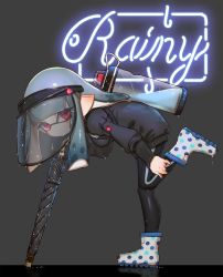 Rule 34 | 1girl, black jacket, black pants, black umbrella, blue hair, boots, closed mouth, closed umbrella, commentary request, english text, from side, grey background, highres, ink tank (splatoon), inkling, inkling girl, inkling player character, jacket, leaning forward, long sleeves, looking at viewer, looking to the side, mask, neon lights, nintendo, pants, pointy ears, polka dot, polka dot footwear, red eyes, rubber boots, see-through, signature, simple background, solo, standing, standing on one leg, tentacle hair, track pants, umbrella, visor cap, wet, wet clothes, wet jacket, white footwear, yu-ri (arium047)