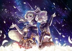 Rule 34 | 1boy, 1girl, arm up, back-to-back, bare shoulders, blonde hair, closed mouth, crown, closed eyes, fantasy, flower, glowing, glowing flower, hair ornament, hairpin, holding, holding hands, natsutomoki, open hand, original, outdoors, petals, purple eyes, shooting star, short hair, siblings, sky, smile, star (sky), starry sky, twins, white flower