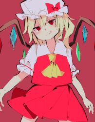Rule 34 | 1girl, absurdres, blonde hair, blue gemstone, blush, collared shirt, flandre scarlet, frilled hat, frilled shirt, frilled sleeves, frills, gem, green gemstone, hair between eyes, hat, hat ornament, hat ribbon, highres, jewelry, medium hair, mob cap, neckerchief, pleated skirt, ponytail, red background, red eyes, red gemstone, red ribbon, red skirt, red vest, ribbon, shirt, short sleeves, side ponytail, simple background, skirt, slit pupils, smile, so happy 64, tongue, tongue out, touhou, vampire, vest, white headwear, white shirt, wings, yellow neckerchief