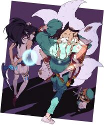 Rule 34 | 2boys, 2girls, absurdres, ahri (league of legends), akali, animal ears, asymmetrical bangs, black hair, border, brown hair, carrying, carrying person, closed eyes, fox ears, fox girl, green eyes, green headwear, green pants, green shirt, hand on another&#039;s head, hat, high ponytail, highres, holding, holding needle, holding weapon, kama (weapon), kennen, kennen m.d., league of legends, long hair, long sleeves, mask, mouth mask, multiple boys, multiple girls, multiple tails, needle, nurse, nurse akali, nurse cap, official alternate costume, pants, ponytail, shadow, shen (league of legends), shirt, short hair, sickle, simple background, skirt, sleeveless, surgeon, surgeon shen, tail, thighhighs, v-shaped eyebrows, v-shaped eyes, walking, weapon, whiskers, white border, white skirt, white thighhighs, yellow eyes, zaket07