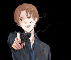 Rule 34 | 1boy, aiming, aiming at viewer, axis powers hetalia, blood, gun, holding, holding gun, holding weapon, male focus, necktie, northern italy (hetalia), simple background, solo, weapon
