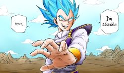 Rule 34 | 1boy, armor, artist request, blue eyes, blue hair, blue sky, dragon ball, dragon ball super, looking at viewer, shoulder pads, sky, smug, solo, spiked hair, standing, super saiyan, super saiyan blue, upper body, vegeta