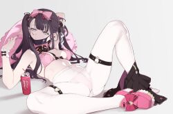Rule 34 | 1girl, absurdres, arm behind head, black hair, black skirt, blue eyes, bow, bow panties, bra, breasts, can, closed mouth, coat, detached collar, drink can, drinking straw, earrings, frilled bra, frilled cuffs, frilled pillow, frills, frown, grey background, gusset, hair bow, half-closed eyes, highres, jewelry, long hair, looking to the side, lying, mask, mask pull, medium breasts, monster energy, mouth mask, on back, original, panties, panties under pantyhose, pantyhose, pillow, pink bow, pink bra, pink coat, pink footwear, realmbw, shoes, skirt, skirt around one leg, soda can, solo, spread legs, string bra, thigh strap, twintails, underwear, underwear only, white pantyhose