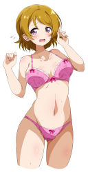 Rule 34 | 1girl, absurdres, bare shoulders, bra, breasts, collarbone, cropped legs, dot nose, eggman (pixiv28975023), flying, furrowed brow, gluteal fold, groin, hands up, highres, koizumi hanayo, light brown hair, love live!, love live! school idol project, medium breasts, nail polish, navel, nervous, open mouth, panties, pink bra, pink nails, pink panties, pink ribbon, raised eyebrow, ribbon, shiny skin, short hair, simple background, solo, sweat, swept bangs, thighs, underwear, underwear only, white background