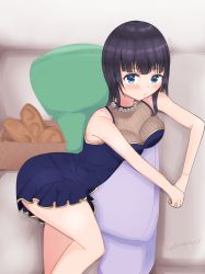 Rule 34 | 1girl, artist name, artist request, asaka karin, bare legs, bare shoulders, blue bow, blue dress, blue eyes, blue hair, blue skirt, blush, bow, bracelet, bread, breasts, caffeine2133, collarbone, couch, dark blue hair, dress, female focus, food, frilled dress, frilled skirt, frills, indoors, jewelry, kafein (caffeine2133), looking at viewer, love live!, love live! nijigasaki high school idol club, love live! school idol festival, love live! school idol festival all stars, medium breasts, medium hair, miniskirt, mole, mole on body, mole on breast, necklace, on couch, parted lips, pearl bracelet, pearl necklace, plaid, plaid dress, plaid skirt, pleated, pleated dress, pleated skirt, short hair, skirt, sleeveless, sleeveless dress, smile, solo, tentation bleu (love live!)