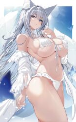 Rule 34 | 1girl, absurdres, animal ear fluff, animal ears, azur lane, bare shoulders, bikini, blue eyes, blush, breasts, fox ears, fox girl, fox tail, grey hair, hand up, highres, large breasts, long hair, long sleeves, multiple tails, navel, off shoulder, official alternate costume, outdoors, parted lips, rikiddo (tise 00), shinano (azur lane), shinano (dreamy white sands) (azur lane), solo, stomach, swimsuit, tail, thighs, underboob, white bikini
