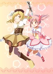 Rule 34 | 10s, 2girls, absurdres, bad id, bad pixiv id, beret, blonde hair, boots, breasts, bubble skirt, choker, corset, dress, drill hair, fingerless gloves, frills, gloves, gradient background, hair ornament, hair ribbon, hat, highres, kaname madoka, magical girl, mahou shoujo madoka magica, mahou shoujo madoka magica (anime), medium breasts, multiple girls, official style, one eye closed, pink background, pink hair, pleated skirt, ribbon, shirt, short twintails, skirt, sparkle, striped clothes, striped legwear, striped thighhighs, taut clothes, taut shirt, thighhighs, tomoe mami, twintails, vertical-striped clothes, vertical-striped legwear, vertical-striped thighhighs, wink, yellow background, yuri-0609