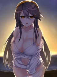 Rule 34 | 1girl, :o, arm under breasts, backlighting, bare shoulders, bikini, bikini under clothes, black hair, blurry, blurry background, breasts, brown eyes, cleavage, collarbone, commentary request, cowboy shot, depth of field, evening, gradient sky, hair between eyes, hair ornament, hairclip, haruna (kancolle), highres, jacket, kantai collection, large breasts, long hair, long sleeves, looking at viewer, navel, ocean, open clothes, open jacket, open mouth, partially unzipped, sky, solo, sunlight, sunset, swimsuit, thigh gap, utsumi karmin, very long hair, white bikini, white jacket