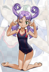 Rule 34 | 00s, \m/, flat chest, green eyes, highres, kazamatsuri rinna, kneeling, one-piece swimsuit, one eye closed, purple hair, solo, swimsuit, teufelwald, thigh gap, thighs, uchuu no stellvia, wink, zoom layer