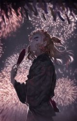 Rule 34 | 1boy, blonde hair, closed mouth, fireworks, floating hair, forked eyebrows, from side, grey kimono, hand fan, holding, holding fan, japanese clothes, kimetsu no yaiba, kimono, long hair, long sleeves, looking at viewer, looking to the side, male focus, multicolored hair, noodleseokggi, print kimono, red eyes, red hair, rengoku kyoujurou, smile, solo, two-tone hair, yukata
