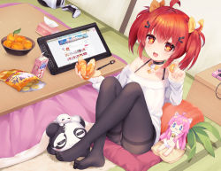 2girls, :3, :d, ahoge, animal ear fluff, animal ears, bangs, bare shoulders, bell, between legs, black choker, black legwear, bow, chibi, chips, choker, collarbone, commentary request, controller, crossed ankles, cushion, feet, food, fruit, full body, game controller, hair between eyes, hair bow, hair ornament, hairclip, heart, heart-shaped pupils, highres, indoors, jingle bell, juice box, kotatsu, looking at viewer, mandarin orange, minigirl, multiple girls, mvv, no shoes, off-shoulder shirt, off shoulder, open mouth, original, panties, panty peek, pantyhose, pink hair, potato chips, red hair, shirt, short hair, sitting, sleeves past wrists, smile, star-shaped pupils, star (symbol), stylus, symbol-shaped pupils, table, tablet pc, tail, tail between legs, tatami, thighband pantyhose, tissue box, toes, twintails, underwear, vivian (mvv), white shirt, xiao me, yellow bow, zabuton