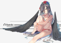 Rule 34 | 1girl, albedo (overlord), bad id, bad pixiv id, barefoot, bikini, black hair, black wings, breasts, character name, cleavage, horns, knee up, long hair, looking at viewer, md5 mismatch, medium breasts, navel, overlord (maruyama), simple background, smile, solo, striped, striped background, swimsuit, wings, yellow eyes, zzzzxxx2010nian