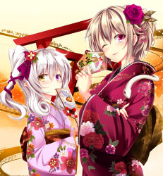 Rule 34 | 1girl, ;), blonde hair, blush, chinese zodiac, closed mouth, ema, floral print, flower, hagoita, hair between eyes, hair flower, hair ornament, hand up, hands up, haruka natsuki, heterochromia, holding, japanese clothes, kimono, long hair, looking at viewer, obi, one eye closed, original, paddle, parted lips, pink kimono, purple eyes, purple flower, purple kimono, purple rose, rose, sash, side ponytail, sidelocks, silver hair, smile, snake, solo, torii, upper body, year of the snake, yellow eyes