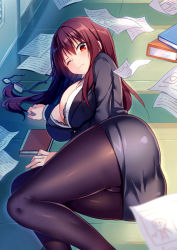 Rule 34 | 1girl, alternate costume, ass, book, breasts, business suit, cameltoe, cleavage, craytm, dress shirt, fate/grand order, fate (series), formal, glasses, hair intakes, highres, large breasts, long hair, miniskirt, office lady, on floor, one eye closed, pantyhose, papers, purple hair, red eyes, scathach (fate), scathach (fate), shadow, shirt, skirt, suit, thighs, tile floor, tiles, unbuttoned, very long hair