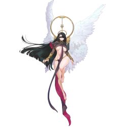 Rule 34 | 1girl, angel, angel wings, areola slip, azazel (last origin), barefoot, blindfold, breasts, cleavage, covered erect nipples, full body, game cg, gloves, green hair, hair over one eye, halo, highres, huge breasts, last origin, long hair, looking at viewer, official art, rorobomb, solo, tachi-e, transparent background, underboob, very long hair, white gloves, wings