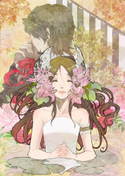 Rule 34 | 10s, 1boy, 2girls, age difference, brown hair, cocohore, dress, closed eyes, facial hair, father and daughter, flower, kaburagi kaede, kaburagi t. kotetsu, kaburagi tomoe, lily (flower), long hair, multiple girls, one side up, smile, strapless, strapless dress, stubble, tiger &amp; bunny
