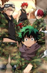Rule 34 | 10s, 4boys, arm up, bakugou katsuki, black gloves, black hoodie, black tank top, blonde hair, blue eyes, boku no hero academia, brown scarf, burn scar, camouflage, camouflage jacket, camouflage pants, clothes around waist, cloud, commentary request, crossed arms, fingerless gloves, fingernails, fringe trim, gloves, goggles, goggles on head, green eyes, green hair, hair between eyes, hand on own hip, hood, hood down, hoodie, jacket, jacket around waist, kirishima eijirou, kurot, male focus, midoriya izuku, multicolored hair, multiple boys, open clothes, open jacket, outdoors, pants, red eyes, red hair, scar, scar across eye, scar on face, scarf, silver hair, sitting, sky, stairs, standing, stone stairs, tank top, todoroki shouto, two-tone hair, v, v-shaped eyebrows