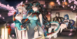 Rule 34 | 1boy, 3girls, absurdres, arknights, bare shoulders, black hair, blue hair, blue skin, bracelet, breasts, brother and sister, cherry blossoms, china dress, chinese clothes, chong yue (arknights), colored skin, detached sleeves, dragon boy, dragon girl, dragon horns, dragon tail, dress, dusk (arknights), dusk (everything is a miracle) (arknights), earrings, gradient skin, highres, horns, jewelry, ling (arknights), ling (it does wash the strings) (arknights), long hair, looking at viewer, molyb, multicolored hair, multiple girls, nian (arknights), nian (unfettered freedom) (arknights), official alternate costume, one eye closed, pointy ears, purple eyes, red eyes, red hair, red skin, siblings, sisters, sitting, sleeveless, sleeveless dress, streaked hair, tail, very long hair, white dress, white hair, wide sleeves