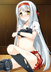 Rule 34 | 10s, 1girl, blush, breasts, covering privates, covering breasts, hair ribbon, hairband, kantai collection, long hair, looking at viewer, muneate, personification, ribbon, shoukaku (kancolle), silver hair, skirt, solo, syuurin, torn clothes, very long hair, wavy mouth, yellow eyes