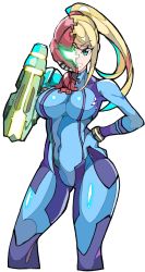 Rule 34 | 1girl, arm cannon, armor, blonde hair, blue eyes, blush, bodysuit, breasts, enpe, gun, helmet, highres, large breasts, long hair, looking at viewer, metroid, metroid dread, mole, mole under mouth, nintendo, ponytail, power armor, power suit, samus aran, science fiction, simple background, skin tight, smile, solo, weapon, zero suit