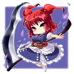 Rule 34 | 1girl, bad id, bad pixiv id, female focus, full body, gradient background, hair bobbles, hair ornament, mano (shampoohatter), onozuka komachi, red eyes, red hair, scythe, short hair, solo, touhou, twintails, two side up