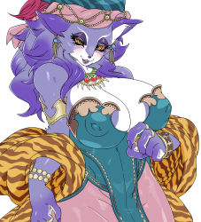 Rule 34 | 1girl, alternate form, animal ears, armlet, bba-aki, bracelet, breasts, cat ears, cat girl, claws, cleavage, colored sclera, dress, earrings, covered erect nipples, fangs, furry, highres, isabella (seiken densetsu 3), jewelry, large breasts, lipstick, makeup, necklace, purple fur, purple hair, red sclera, ring, seiken densetsu, seiken densetsu 3, slit pupils, turban, yellow eyes