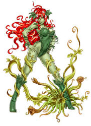 Rule 34 | 1girl, :d, animification, antenna hair, armpits, bare shoulders, batman (series), boots, breasts, cleavage, colored skin, dc comics, fingernails, florakinesis, flower, frills, full body, green eyes, green legwear, green skin, groin, hair flower, hair ornament, hands on own hips, high heels, highleg, highleg leotard, knee boots, large breasts, leaf, legs, leotard, lips, long fingernails, long hair, looking at viewer, monster girl, navel, open mouth, parted bangs, plant, plant girl, poison ivy, red hair, restrained, shoes, simple background, smile, solo, spread legs, standing, teeth, tongue, very long hair, vines, wavy hair, wind, yamashita shun&#039;ya