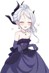 Rule 34 | 1girl, black horns, blue archive, blush, breasts, cleavage, closed eyes, collarbone, demon horns, dress, earrings, elbow gloves, facing viewer, gloves, grey hair, highres, hina (blue archive), hina (dress) (blue archive), horns, jewelry, long hair, multiple horns, nonono (mino), official alternate costume, open mouth, purple dress, purple gloves, simple background, small breasts, smile, solo, white background