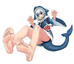 Rule 34 | 1girl, animal hood, bare legs, barefoot, blue eyes, blue hair, blunt bangs, eiji (eiji), feet, fins, fish tail, foot focus, foreshortening, gawr gura, gawr gura (1st costume), highres, hololive, hololive english, hood, hood up, hoodie, multicolored hair, shark girl, shark hood, shark tail, sharp teeth, silver hair, simple background, soles, solo, tail, teeth, two-tone hair, virtual youtuber, white background