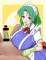 Rule 34 | 1boy, 1girl, :d, absurdres, apron, bar censor, big mouse, blue eyes, border, breasts, censored, clothed female nude male, gloved handjob, gloves, green gloves, green hair, handjob, highres, huge breasts, looking at viewer, maid, maid headdress, nipple stimulation, nipple tweak, nude, open mouth, penis, pov, rubber gloves, ruukoto, short hair, short sleeves, smile, touhou, touhou (pc-98), waist apron, white border, yellow background